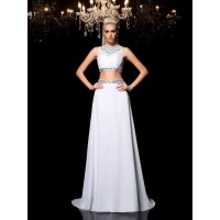 A-Line/Princess Jewel Beading Sleeveless Long Chiffon Two Piece Dresses
