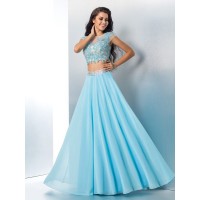 A-Line/Princess Sheer Neck Applique Short Sleeves Long Chiffon Two Piece Dresses