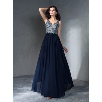 A-Line/Princess V-neck Beading Sleeveless Long Chiffon Dresses