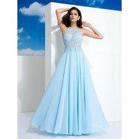 A-Line/Princess Spaghetti Straps Applique Sleeveless Long Chiffon Dresses