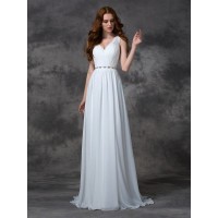 A-line/Princess V-neck Beading Sleeveless Long Chiffon Dresses