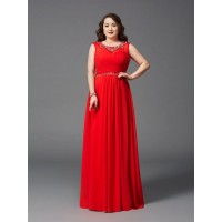 A-Line/Princess Scoop Beading Sleeveless Long Chiffon Plus Size Dresses