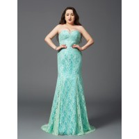 Sheath/Column Strapless Lace Sleeveless Long Satin Plus Size Dresses