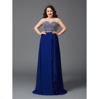 A-Line/Princess Sweetheart Rhinestone Sleeveless Long Chiffon Plus Size Dresses