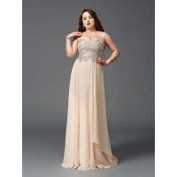 A-Line/Princess Sweetheart Rhinestone Sleeveless Long Chiffon Plus Size Dresses