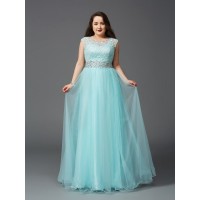 A-Line/Princess Scoop Rhinestone Sleeveless Long Elastic Woven Satin Plus Size Dresses
