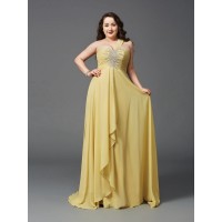 A-Line/Princess One-Shoulder Rhinestone Sleeveless Long Chiffon Plus Size Dresses