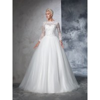 Ball Gown Bateau Lace Long Sleeves Long Net Wedding Dresses