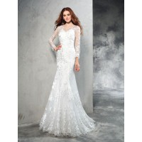 Sheath/Column Sheer Neck Lace Long Sleeves Long Net Wedding Dresses