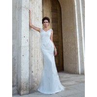 Trumpet/Mermaid V-neck Applique Sleeveless Long Net Wedding Dresses