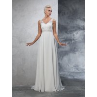 A-Line/Princess V-neck Beading Sleeveless Long Chiffon Wedding Dresses