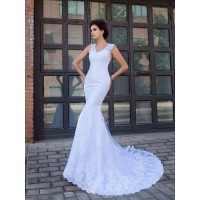 Trumpet/Mermaid V-neck Applique Sleeveless Long Satin Wedding Dresses