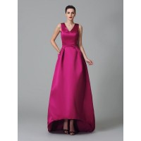 A-Line/Princess Straps Ruched Sleeveless High Low Satin Bridesmaid Dresses