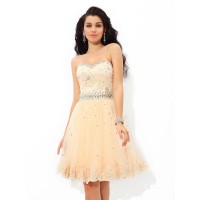 A-Line/Princess Sweetheart Beading Sleeveless Short Satin Cocktail Dresses