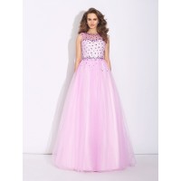 A-Line/Princess Jewel Rhinestone Sleeveless Long Net Dresses