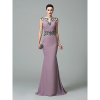Trumpet/Mermaid Bateau Beading Short Sleeves Long Chiffon Dresses