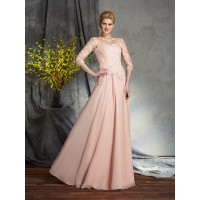 A-Line/Princess Scoop Applique 3/4 Sleeves Long Chiffon Mother of the Bride Dresses