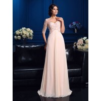 A-Line/Princess V-neck Beading 1/2 Sleeves Long Chiffon Mother of the Bride Dresses