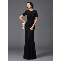 Sheath/Column Jewel Lace Short Sleeves Long Elastic Woven Satin Mother of the Bride Dresses