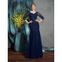 Sheath/Column V-neck Applique 3/4 Sleeves Long Net Mother of the Bride Dresses