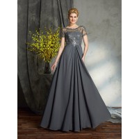 A-Line/Princess Scoop Applique Short Sleeves Long Chiffon Mother of the Bride Dresses