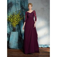 A-Line/Princess V-neck Beading 3/4 Sleeves Long Chiffon Mother of the Bride Dresses