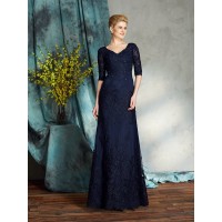 Sheath/Column V-neck Applique 1/2 Sleeves Long Satin Mother of the Bride Dresses