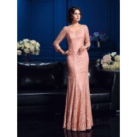 Sheath/Column V-neck Beading 3/4 Sleeves Long Lace Mother of the Bride Dresses