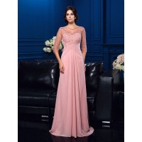 A-Line/Princess Scoop Beading 3/4 Sleeves Long Chiffon Mother of the Bride Dresses