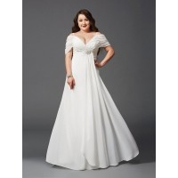 A-Line/Princess Off-the-Shoulder Ruched Short Sleeves Long Chiffon Plus Size Dresses