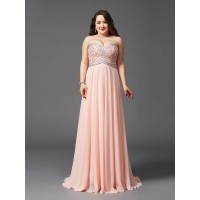 A-Line/Princess Sweetheart Beading Sleeveless Long Chiffon Plus Size Dresses