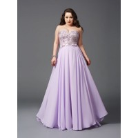 A-Line/Princess Sweetheart Lace Sleeveless Long Chiffon Plus Size Dresses