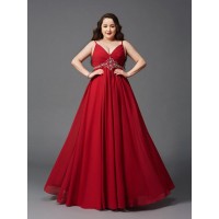 A-Line/Princess Spaghetti Straps Beading Sleeveless Long Chiffon Plus Size Dresses