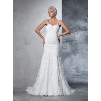 Trumpet/Mermaid Spaghetti Straps Lace Sleeveless Long Lace Wedding Dresses