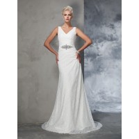 Trumpet/Mermaid V-neck Lace Sleeveless Long Lace Wedding Dresses