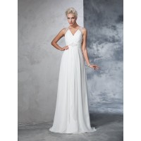 A-Line/Princess V-neck Ruched Sleeveless Long Chiffon Wedding Dresses