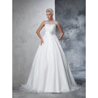 Ball Gown Sheer Neck Lace Sleeveless Long Net Wedding Dresses