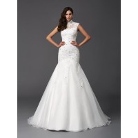 Trumpet/Mermaid High Neck Beading Sleeveless Long Organza Wedding Dresses