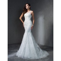 Trumpet/Mermaid Scoop Applique Sleeveless Long Lace Wedding Dresses