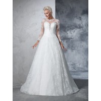 Ball Gown Jewel Lace Long Sleeves Long Lace Wedding Dresses