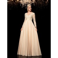 A-Line/Princess V-neck Applique Long Sleeves Long Chiffon Dresses
