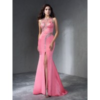 Trumpet/Mermaid Scoop Beading Sleeveless Long Satin Dresses