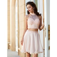 A-Line/Princess Halter Beading Sleeveless Chiffon Short/Mini Two Piece Dresses