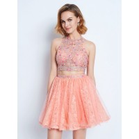 A-Line/Princess Jewel Sleeveless Lace Beading Short/Mini Two Piece Dresses
