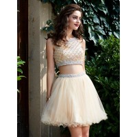A-Line/Princess Scoop Net Sleeveless Beading Short/Mini Two Piece Homecoming Dresses