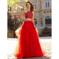 A-Line/Princess Spaghetti Straps Sleeveless Floor-Length Beading Tulle Two Piece Dresses