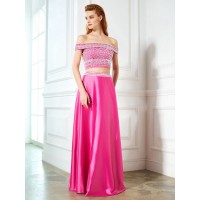 A-Line/Princess Off-the-Shoulder Beading Sleeveless Satin Floor-Length Two Piece Dresses