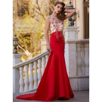 Trumpet/Mermaid Sheer Neck Sleeveless Court Train Applique Stain Dresses