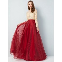 A-Line/Princess Sheer Neck Floor-Length Long Sleeves Applique Organza Dresses