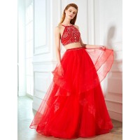 A-Line/Princess Spaghetti Straps Sleeveless Floor-Length Beading Tulle Two Piece Dresses